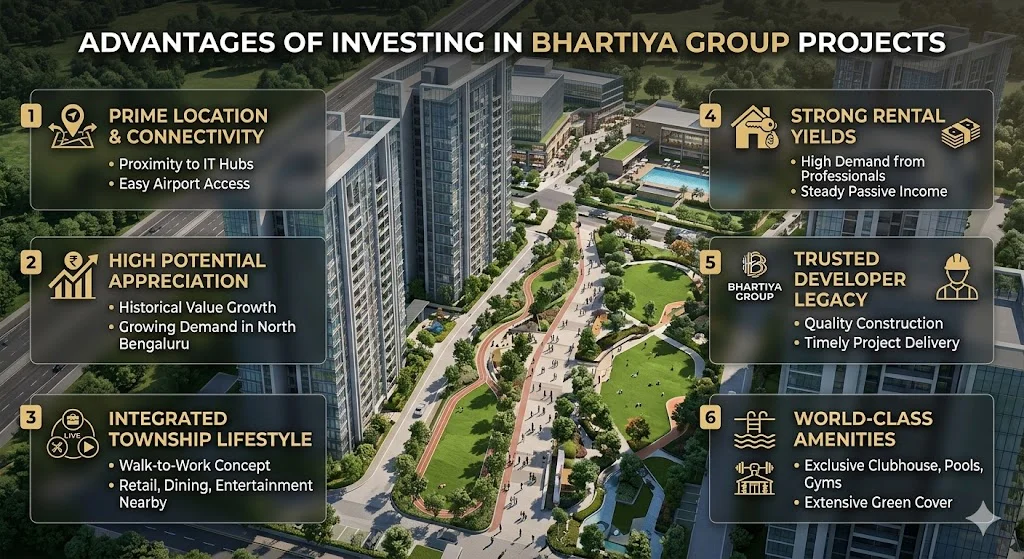 Infographic detailing the high ROI, steady rental yields, and infrastructure growth advantages of investing in Bhartiya Group real estate.